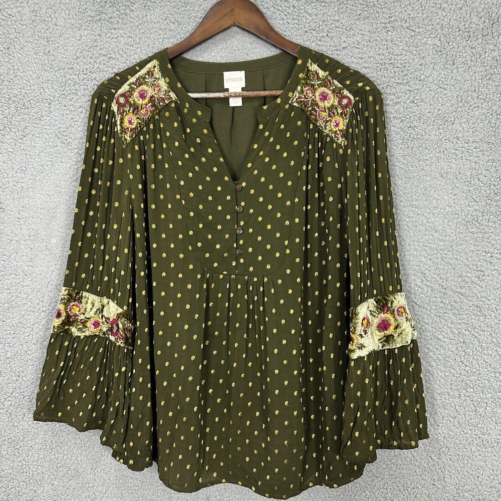 Chicos top womens 2 Green gold dot floral jacquard peasant velvet accent boho